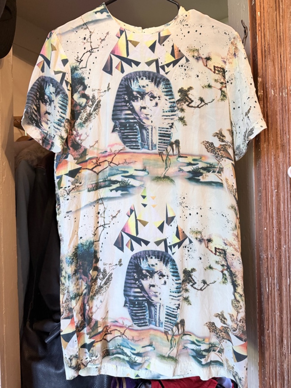 Balenciaga rare silk tunic with Pastel Multicolor Egyptian Sphinx Motif